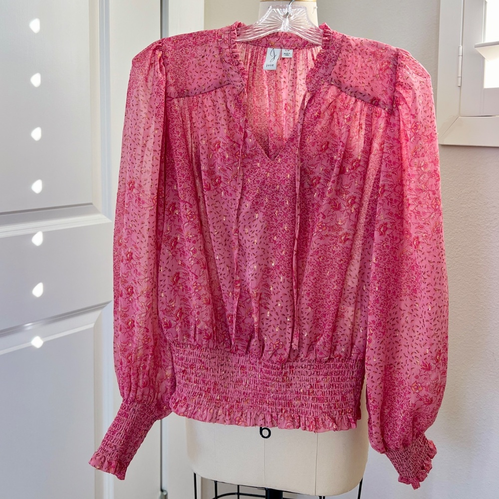 Joie Floral Printed Metallic Long Sleeve Blouse (Small)